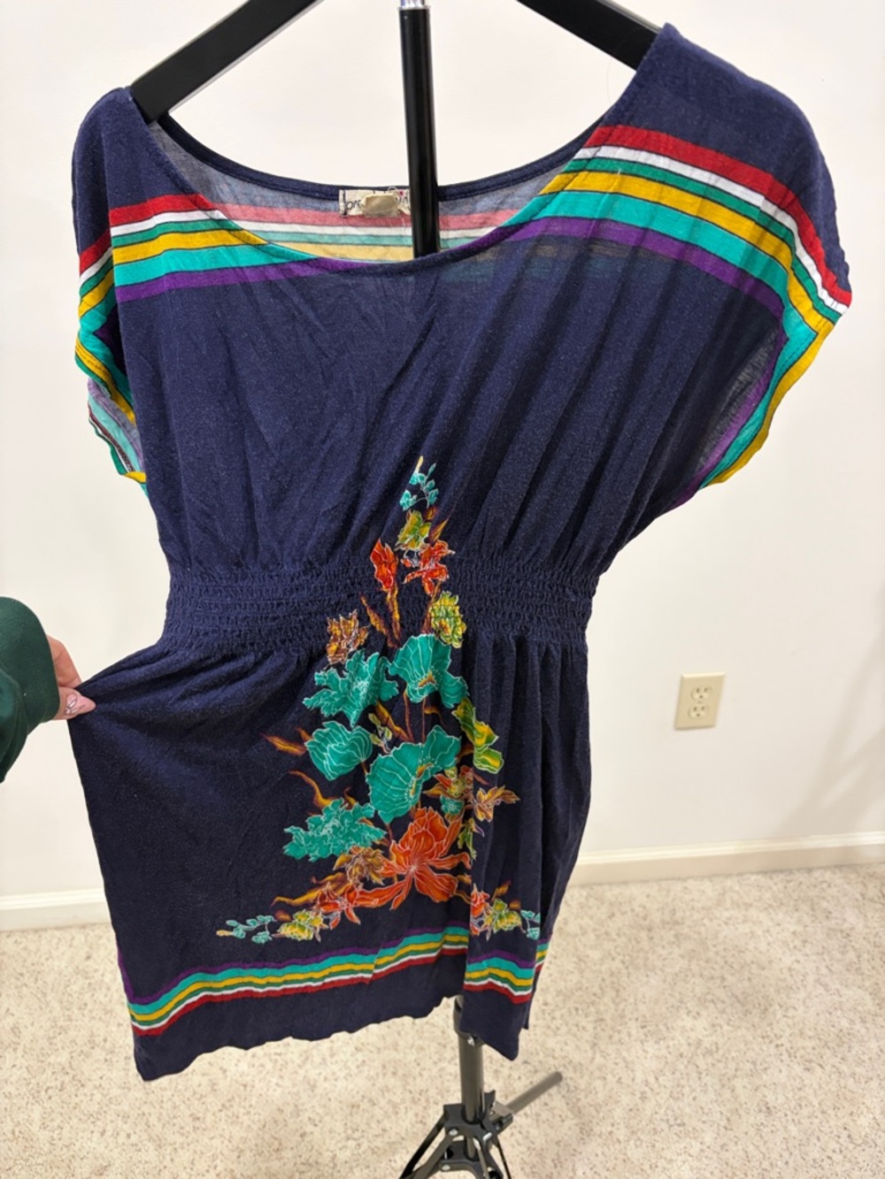 one clothing Navy Mini Dress with Multicolor Stripe & Floral Embroidery